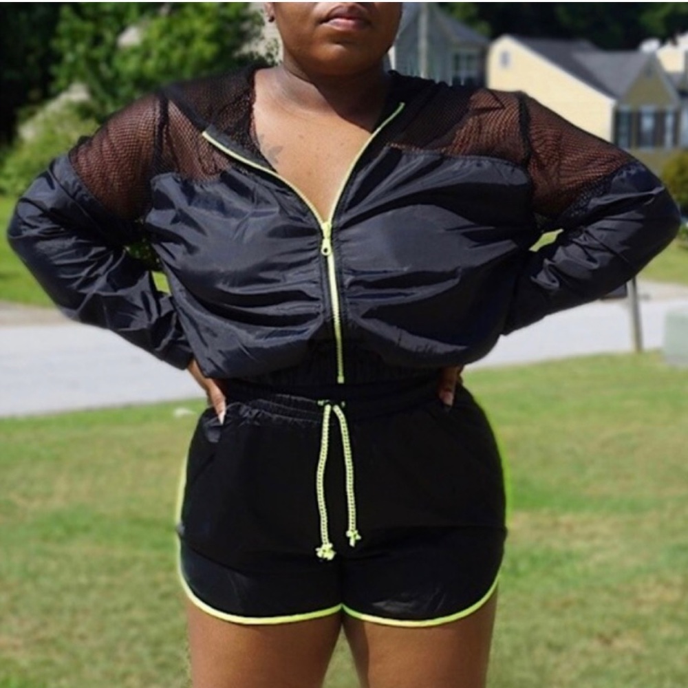 Womens Two Piece Set Black Lime Green Windbreaker Jacket and Shorts Matching Set